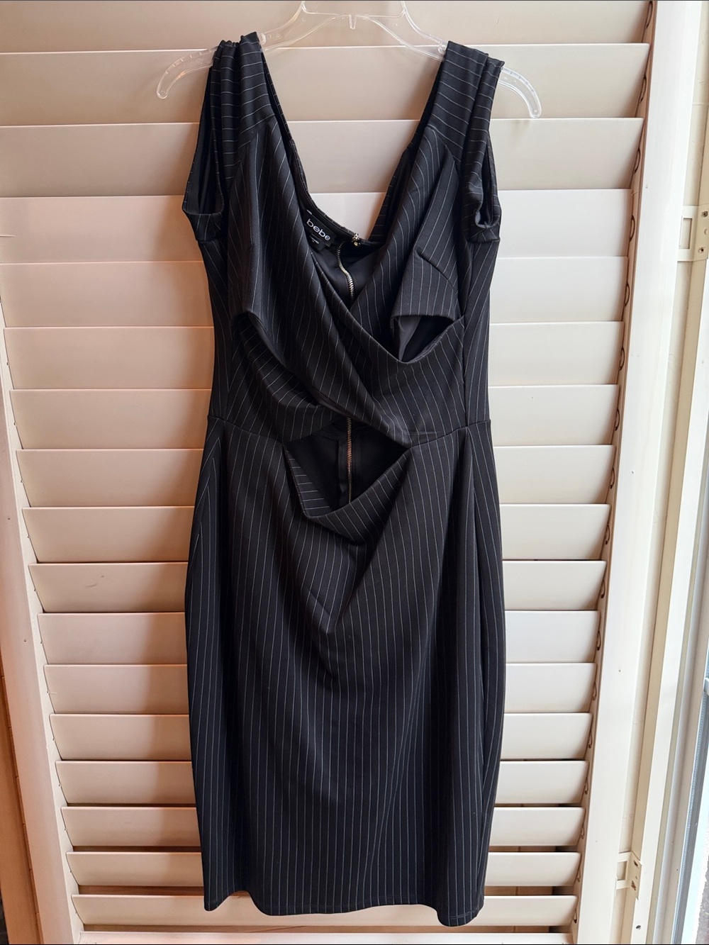 bebe Black Pinstripe Crisscross Open Front Mid Dress